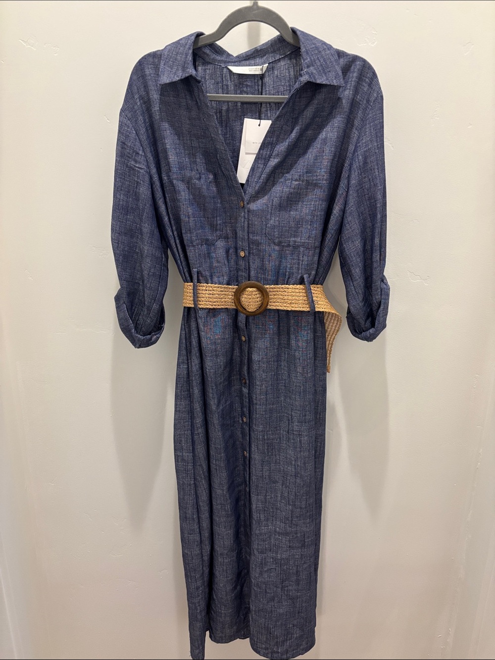 Zara Denim-Textured Navy Maxi Shirt Dress with Woven Tan Belt